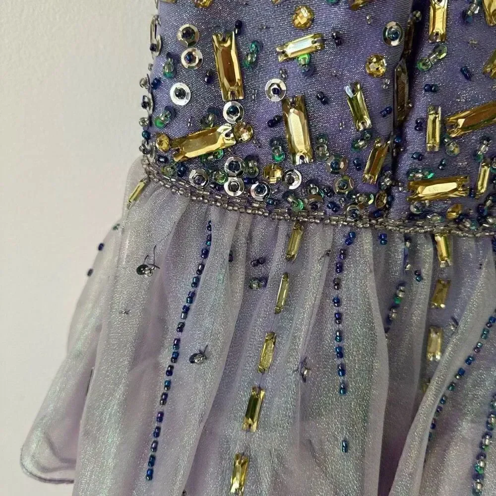 Party Time Formals Women’s Purple Iridescent All over Beaded Bodice Tulle Mini D